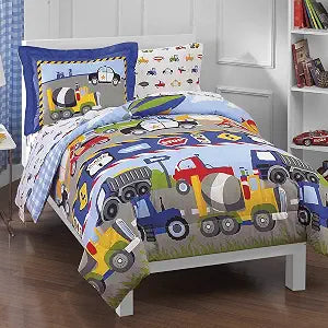 dream FACTORY Trucks Tractors Cars Boys 5-Piece Bedding Kids Construction Comforter Sheet Set, Twin Blue Red Multi