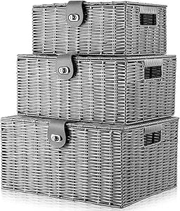 Set of 3 Woven Wicker Storage Basket Box with Lids & Lock, Built-in Carry Handles, Multifunctional Storage Organizer for Nursery, Baby, Clothes, Toys, Books, Large/Medium/Small Size (Grey)