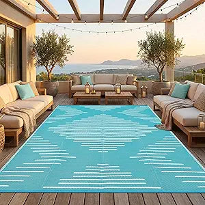 Garvee Area Rug 8x10 Waterproof Outdoor Rugs for Patio Plastic Reversible Rugs Easy-Cleaning Large Floor Mat for Outdoors Backyard Porch RV Beach Picnic Light Blue White
