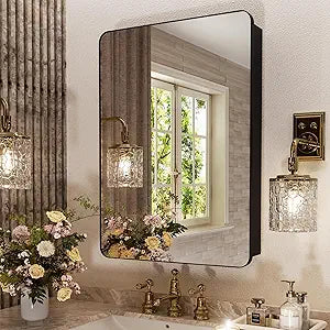 16x24 Inch Bathroom Medicine Cabinet with Mirror, Partition Storage for Tall Bottles, Recessed or Surface Mount Wall Cabinet, DTC Soft Close Hinge, Pre-Assembled, Matte Black, w/Hardware