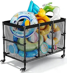 180 Gallon Pool Float Storage, Swimming Pool Storage Bin for Swimming Acessories, Outdoor Rolling Pool Toy Organizer Cart for Pool Noodles, Life Vests, Beach Essentials, Patio Furniture, Black
