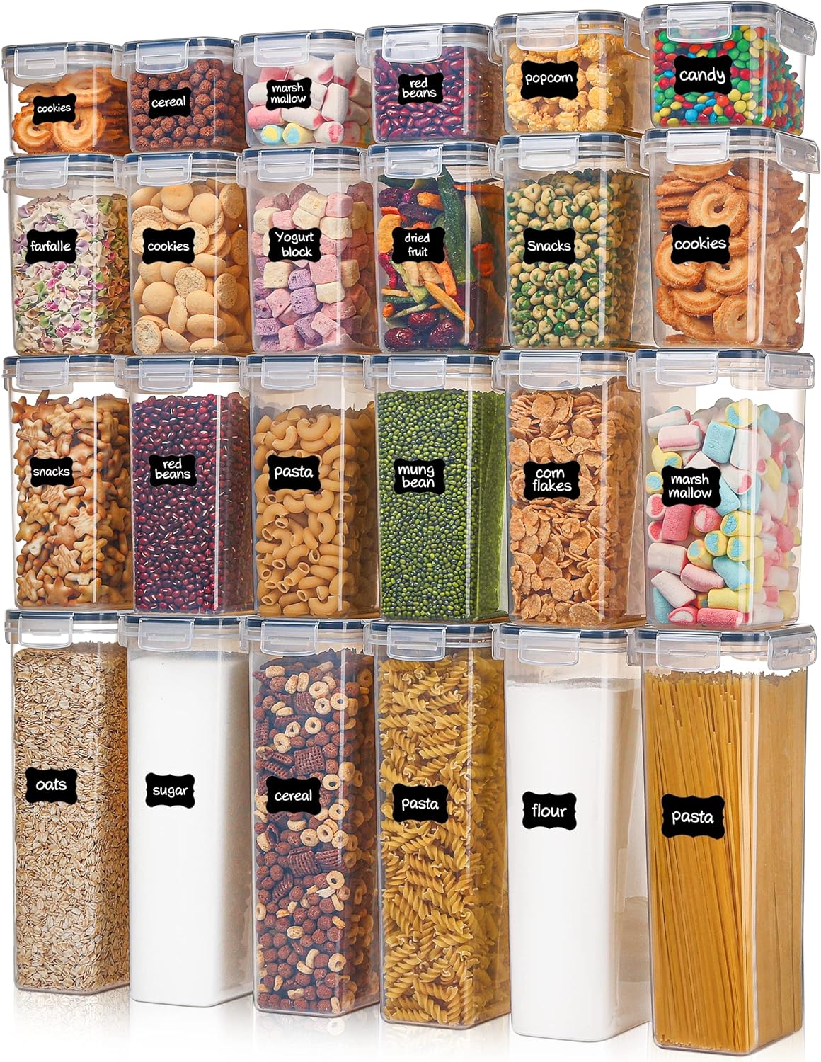 Airtight Food Storage Containers with Lids, Vtopmart 24 pcs Plastic Kitchen and Pantry Organization Canisters for Cereal, Dry Food, Flour and Sugar, BPA Free, Includes 24 Labels,Black