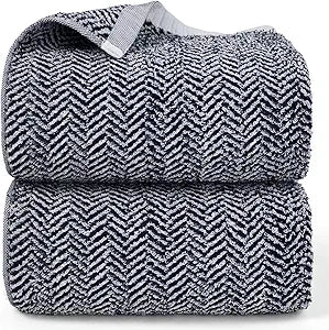 Cleanbear Bath Towels, Luxury 100% Cotton Bath Towels Set for Bathroom, 54 x 28 Inches Large Shower Towels with Herringbone Stripes, Navy Blue, 2 Pack