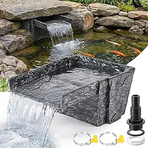 Waterfall Spillway, 8 inch Wide Weir, Fake Rock Pond Waterfalls Spillway Kit for Pond, Garden, Backyard, Water Features and Streams, Includes Waterfall Box, Barb Adaptor and Hose Clamp