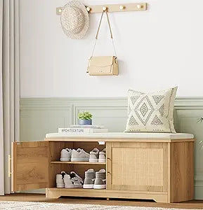 Rattan Shoe Storage Bench with Cushion, 39.4" Wide Entryway Bench with Adjustable Shelf, Hidden Shoe Organizer Cabinet, for Hallway, Living Room, Bedroom, Natural Oak