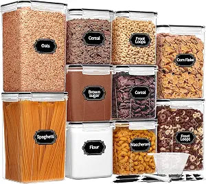Skroam 10 Pack Flour Sugar Storage Containers, Large Airtight Food Storage Containers with Lids, BPA Free Kitchen Pantry Organization and Storage for Flour, Sugar, Bulk Food, Black