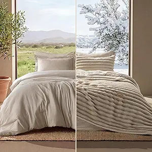 Bedsure Gentlesoft 2-in-1 Queen Comforter Set and Detachable Fluffy Blanket, Beige Bedding Set for All Season Use, Detachable Design for Space Saving (Includes 2 Pillow Shams, 2 Pillowcases)