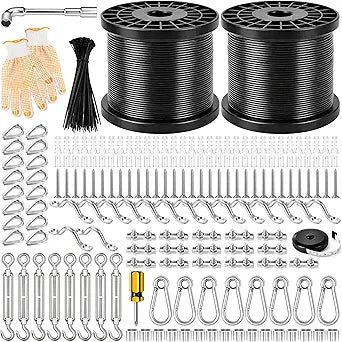 String Light Hanging Kits,400FT Nylon Coated Stainless Steel 304 Wire Rope,Outdoor Hanging Light Kit Included Enough Accessories With Turnbuckles And Hooks For Patio, Garden And Wedding Lighting