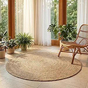 Jute Braided Area Rug, Natural - 4 Feet Round, Boho Neutral Rattan Circle Hand Woven Rugs for Living Room, Bedroom, Nursery, Kitchen, Indoor Use | Farmhouse Rustic Patio Floor Mat for Home Dcor