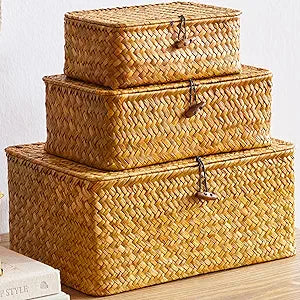 Wicker Storage Box with Lid, Handwoven Baskets for Storage, Rectangle Decorative Baskets Bins Container for Shelf Organizing Home, Set of 3, Natural