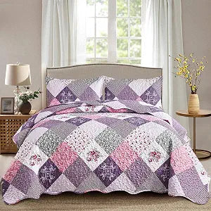 Dinjoy Purple Quilt Set Queen Size, Reversible Patchwork Floral Bedding Set