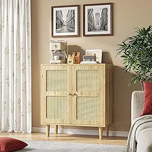 Rattan Sideboard Buffet Cabinet with Storage,Boho Credenza Accent Cabinet with 2 Magnetic Doors and Adjustable Shelves and Solid Wood Legs for Dining Room, Entryway, 31.5" x 15.8" x 34.6"