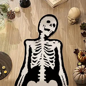 Halloween Bathroom Rugs, Spooky Skull Bath Mat Gothic Decor, Cool Rugs for Bedroom, High-Pile Soft Flocking Gothic Rug, Black & White, 2840 (Skeleton)