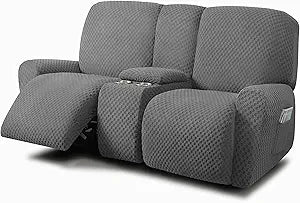 ULTICOR Reclining Love Seat with Middle Console Slipcover, 8-Piece Jacquared Stretch Loveseat Reclining Sofa Covers, 2 seat Loveseat Recliner Cover, Thick, Soft, Washable, (Dark Grey)(Style 1)