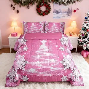 Feelyou Pink Christmas Comforter Set Twin Size Bedding Set