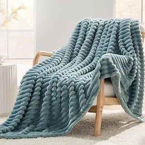 Dusty Blue Striped Queen Size Blanket, 330GSM Soft Plush Fleece Blanket for Couch Sofa Bed, Decorative Cozy Giftable Home Blanket, 90x90 Inches