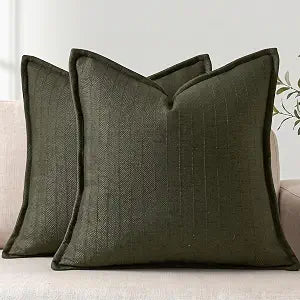 DEZENE 26x26 Linen Euro Sham Pillow Covers Olive Green Pack of 2 Farmhouse Boho Neutral Accents Striped Textured Square Decorative Throw Pillow Cases for Living Room Couch Bed Home Decor