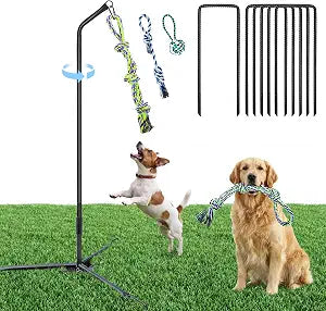 Outdoor Tether Tug Dog Toy with Adjustable Height 25"-54", Interactive Tug of War Toy for Small to Large Dogs, Durable Self-Play Dog Toy with 3 Replaceable Ropes