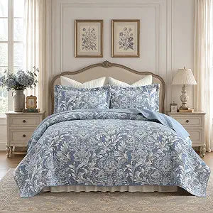 King Quilt Set 100% Cotton Blue Damask Floral Bedspread, Classic European Style Reversible Quilt Bedding Set 3 Pieces, Lightweight All Season, Dusty Blue & Gray