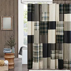Woolrich Winter Hills 100% Cotton Shower Curtain, Cabin Lodge Plaid Pieced Design, Farmhouse Bathroom Decor, Machine Washable, Fabric Privacy Screen 72x72, Tan/Blue