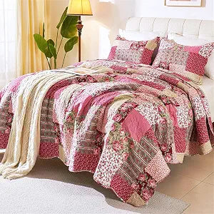Cmfshape Romantic Patchwork Quilt Set Queen Size,Reversible Bedspread Coverlet 3-Piece,Floral Bed Cover Set with Pillow Shams,Lightweight Microfiber Bedding Set for All Season (Hot Pink,90x90)