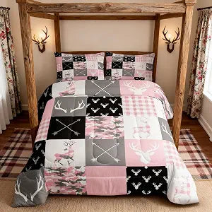 Pink Camo Antlers Kids Comforter Set Full Size,Geometric Checkered Boho Arrows Patchwork Bedding Set,Wild Animals Hunting Rustic Farmhouse Down Comforter,Boys Girls Xmas Bedroom Decor,2 Pillowcases