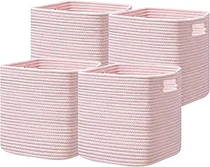 Dreamcountry 13x13 Cube Storage Bins, Storage Cubes with Handles, 4 Pack Cotton Rope Basket for Shelves, Cube Storage Organizer forToys, Book, Clothes, Home, Office, Nursery, Pink