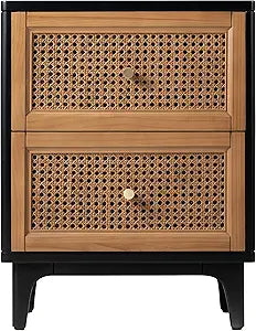 COZAYH 2 Drawer Bedroom Nightstand, Boho Farmhouse Bedside Table - Accent Table Stand with Drawer Organizer Storage and Weave Pattern Front, Black