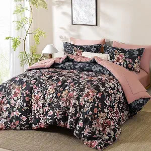 Dobuyly Black Comforter Set King Size, 7 Piece Floral Bedding Comforter Set, Black and Pink Bed in a Bag Botanical Flower Pattern with Sheets, Pillowcases & Shams All Season