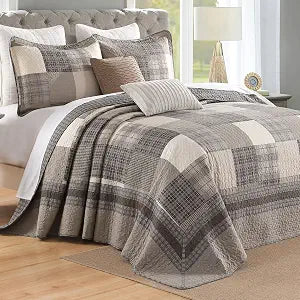 DDUOXIN King Bedspread 120" W x120 L - 100% Cotton Lightweight Oversized Quilt with 2 Pillow Shams, Farmhouse Plaid Reversible Bedspreads Coverlet Set, Brown/Beige/Dark Gray/Light Gray