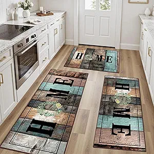 Tritard 100% Non Slip Kitchen Rugs Sets of 3 Farmhouse Washable Kitchen Mats for Floor Non-Skid Kitchen Runner Rug Soft Rustic Kitchen Floor Carpet for Hallway, Laundry, Sink, Office, Rustic