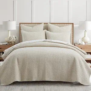 Levtex Home - Pick-Stitch Artisan Natural Quilt Set - King Quilt (106x92in) and 2 King Shams - Textured - Reversible - Cotton