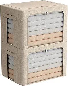 FHSQX Extra Large Clothes Storage Bins Foldable Metal Frame Storage Box Stackable Linen Fabric Box Organizer Set with Carrying Handles and Clear Window (Beige, 23.6x 16.5x 15.7 Inch)