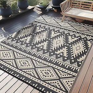 OLANLY Outdoor Rug Waterproof 6x9 ft, Reversible Outdoor Plastic Straw Rug, Boho Patio Rug, Indoor Outdoor Carpet, RV Mat Outside for Patio, Camp, Picnic, Balcony, Deck, Backyard, Black & Beige