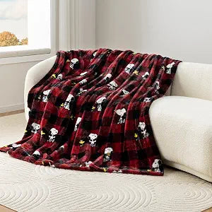 Berkshire Peanuts Ultra Plush Thick Faux Rabbit Fur Snoopy Blanket, Twin Size Cozy Grace Fur Collection Blanket for Bed, Couch & Sofa(6090,Classic Snoopy Buffalo Plaid Large Red Black)