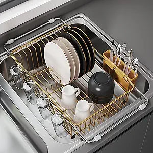 JASIWAY Gold in Sink Dish Drying Rack, Expandable Stainless Steel Small Dish Rack Over Kitchen Sink, Plate Drainer Strainer with Utensil Holder & Cup Holders, Counter Space Saving Wire Dryer Rack
