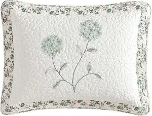 Carnation Standard Sham Bedspread, Lightweight Quilted Embroidered, Sage