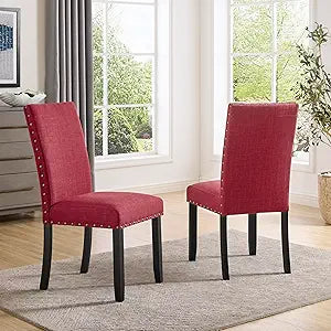 Roundhill Furniture Biony Fabric Dining Chairs with Nailhead Trim, Set of 2, Red