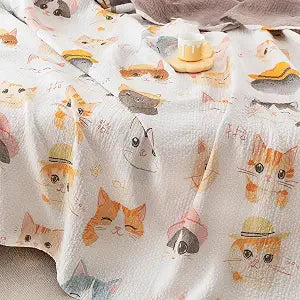 MEJU Kitty Cats Modern Cute Kids Child Girls Muslin Blanket Throw Indoor Deco for Bed Sofa Couch, 100% Combed Cotton 3 Layer Soft Summer Lightweight Throw Blanket Bed Coverlet Quilt Twin 60 in x 80 in