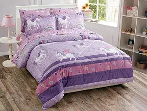 Luxury Home Collection 7 Piece Full Size Comforter Set for Girls/ Teens Unicorn Castle Rainbow Clouds Moon Shining Stars Lavender Pink Blue Yellow (Full Comforter)