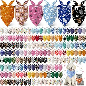 Kacctyen 200 Pcs Dog Bandanas Bulk Dog Paw Printed Pet Scarf Bibs Adjustable Washable Kerchief Daily Holiday Party Pet Costume Accessories Grooming Supplies for Small to Large Cats Dogs