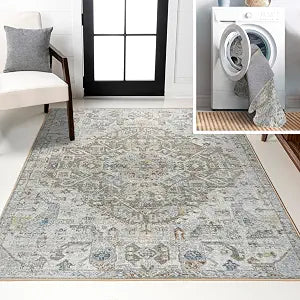 JONATHAN Y Machine Washable Indoor Area Rug 4X6 Cream/Brown/Green, Shaemus Bohemian Medallion Low-Pile for Living Room, Bedroom, Kitchen, Office, Easy-Cleaning, Pet-Friendly, Non-Shedding WSH320A-4