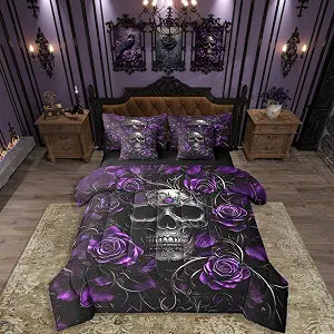Erosebridal Sugar Skull 7 Pcs Comforter Set Queen,Purple Rose Floral Bedding Set for Kids Boys Girls Teens Adults,Gothic Skeleton Bed in a Bag,Exothic Hippie Horror Bed Sets with Sheet Set