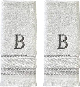 SKL Home Casual Monogram Hand Towel Set, B, 16x26, White 2 Count
