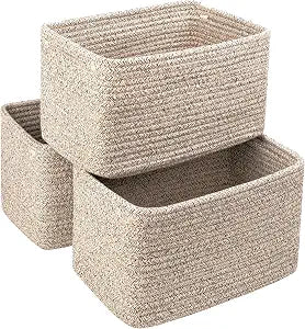 R RUNKA Small Cotton Rope Basket Storage Bin for Organizing (10.6" x 6.7" x 6.7"), Bathroom Storage Basket for Shelf, Counter & ClosetBeige