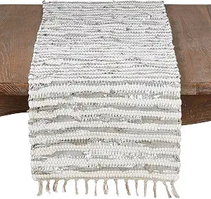 SARO LIFESTYLE 2129.S1672B Les Ftes Chindi Collection Foil Strip Table Runner with Cotton and Leather Blend, 16" x 72", Silver