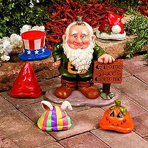 Fun Express Garden Gnomes Outdoor Statue with 5 Interchangeable Seasonal Hats - Resin Gnome Figurines for Yard Decorations | Christmas Halloween Easter Holiday Gnome Decor for Home Garden Sculptures