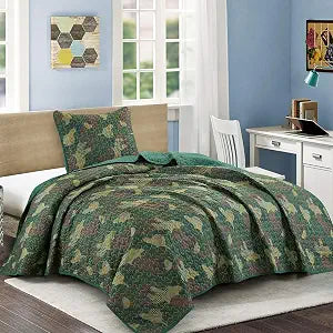 WPM Camouflage Print Twin Size Kids Quilt Set Bed Green Military Style Quilted Bedspread Camouflage Theme Bedding Pillow Shams(Camouflage, Twin)