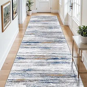 4x10 Wide Washable Runner Rug: Easy-to-Clean Runners for Hallway Entryway Kitchen Bedroom Living Room - Stain and Water Resistant Rugs with Non-Slip Backing - Soft Low-Pile Carpet Navy Grey