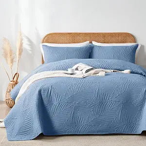 OARAGE Queen Quilt Bedding Set Soft Lightweight Bluish Grey Bedspread with Leaf Pattern,Ultrasonic Microfiber Bed Coverlet Full Size for All Season (1 Quilt, 2 Shams)